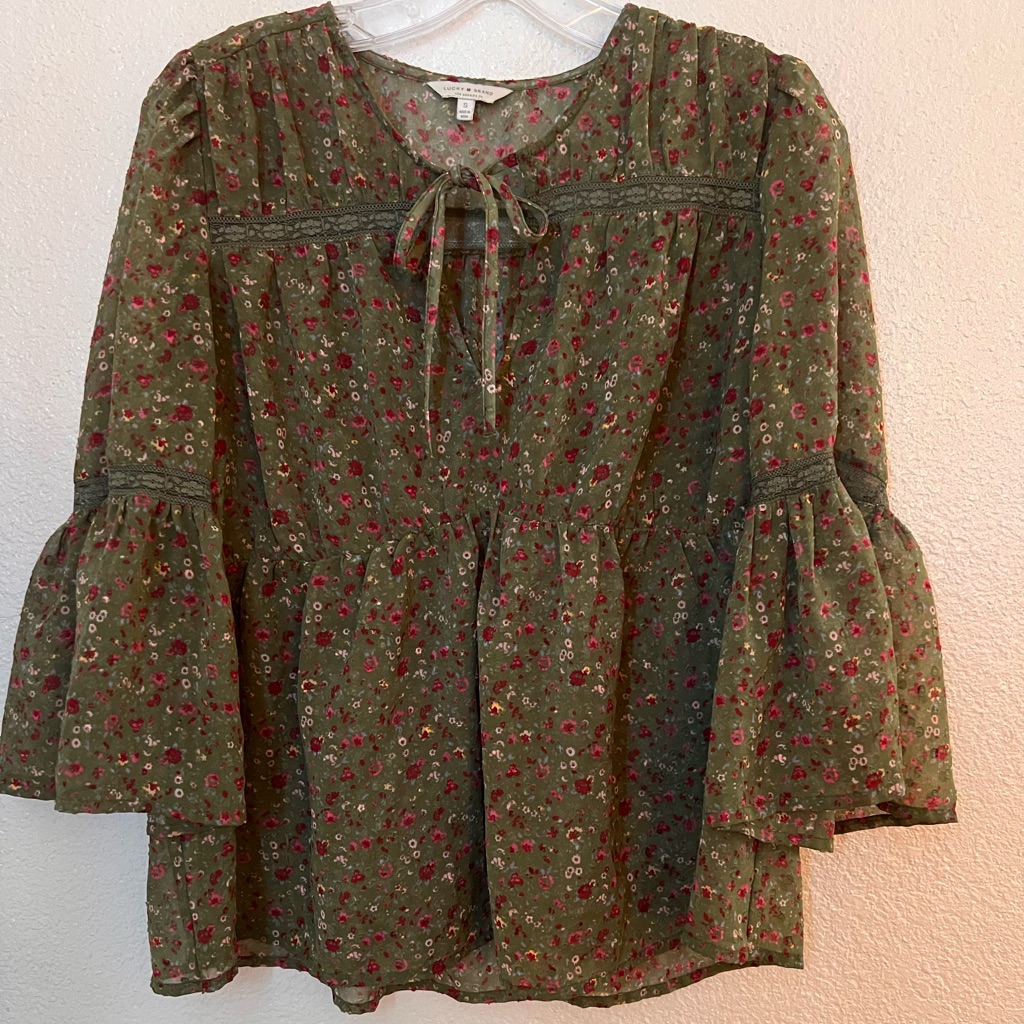 Lucky Brand Olive Swiss Dot Ditsy Floral Sheer Top Lucky Brand Olive Swiss Dot Ditsy Floral Sheer Top